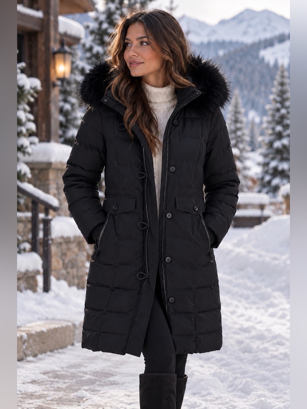 Lands' End Black Hooded Down Parka with Faux-Fur Trim NEW XS 2-4